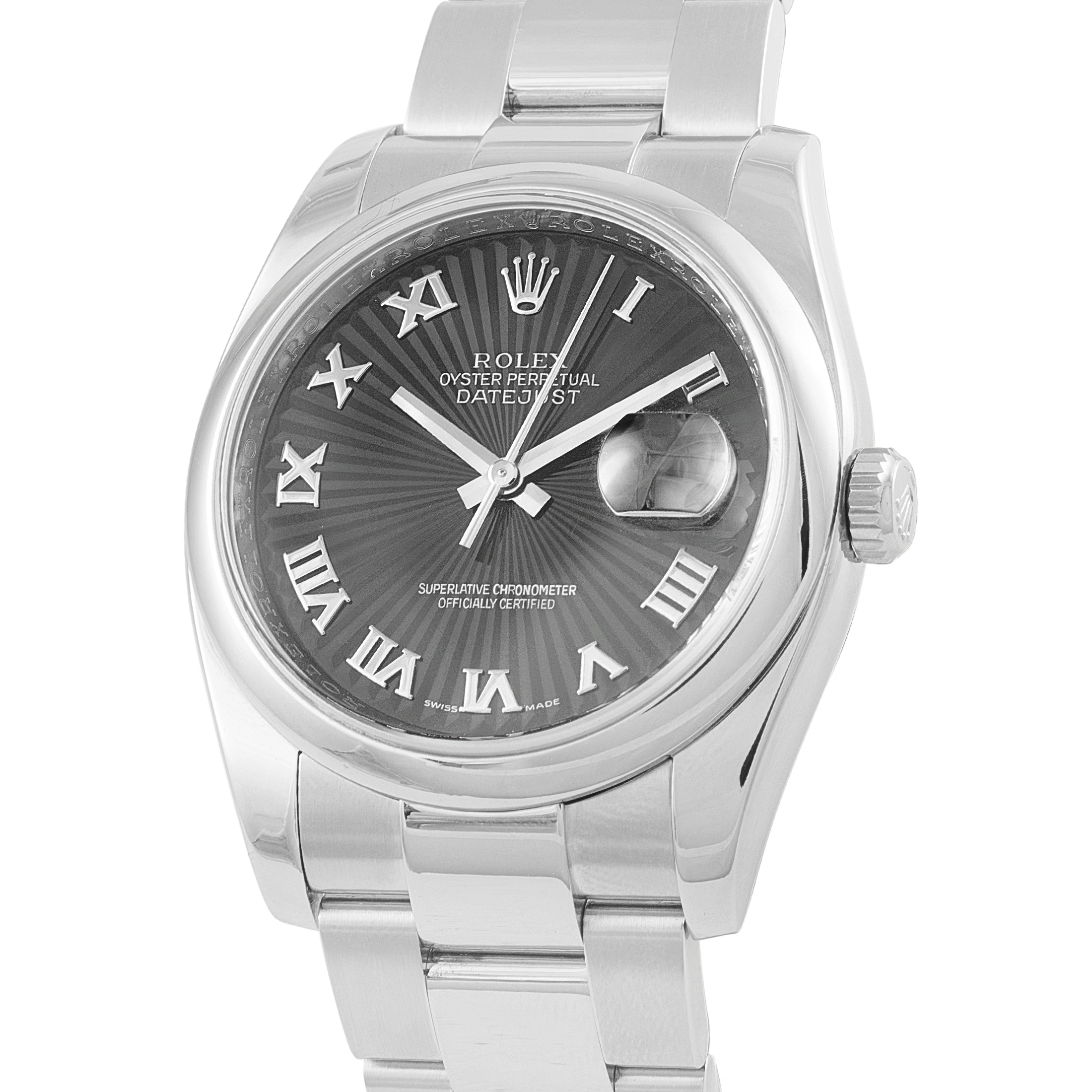 Rolex Datejust 36 Black Sunbeam Roman Dial Steel Watch 116200 For Sale